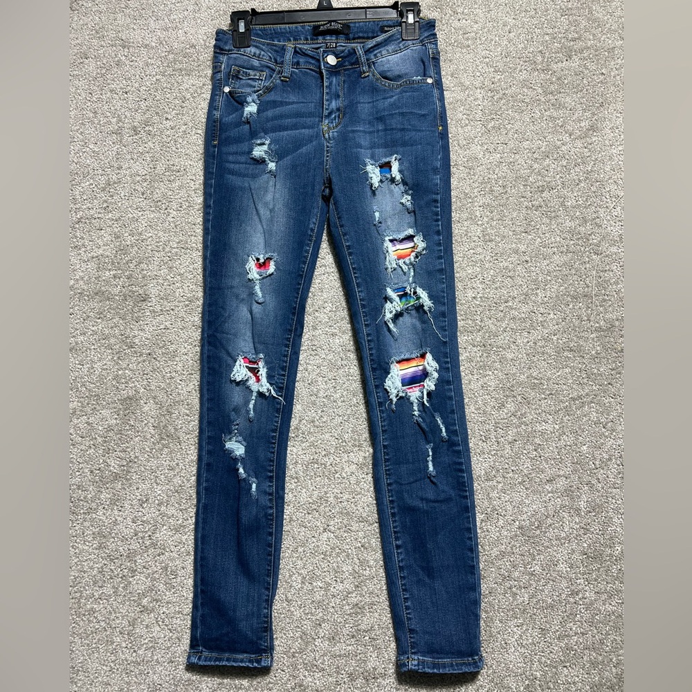 Judy Blue Distressed Serape Patch Mid Rise Skinny Fit Jeans Size 7/28